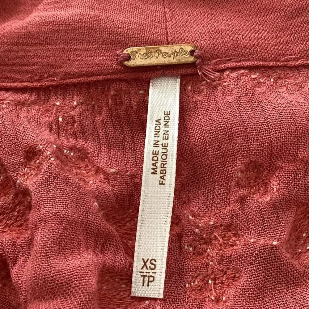 Free People Fable Embroidered Floral Midi Dress Dusty Rose Boho XS Gauze